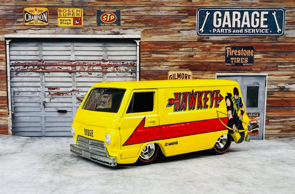 🇺🇸🇺🇸Hot Wheels Hawkeye 66 Dodge A100 Marvel Premium Real Riders C23🇺🇸🇺🇸