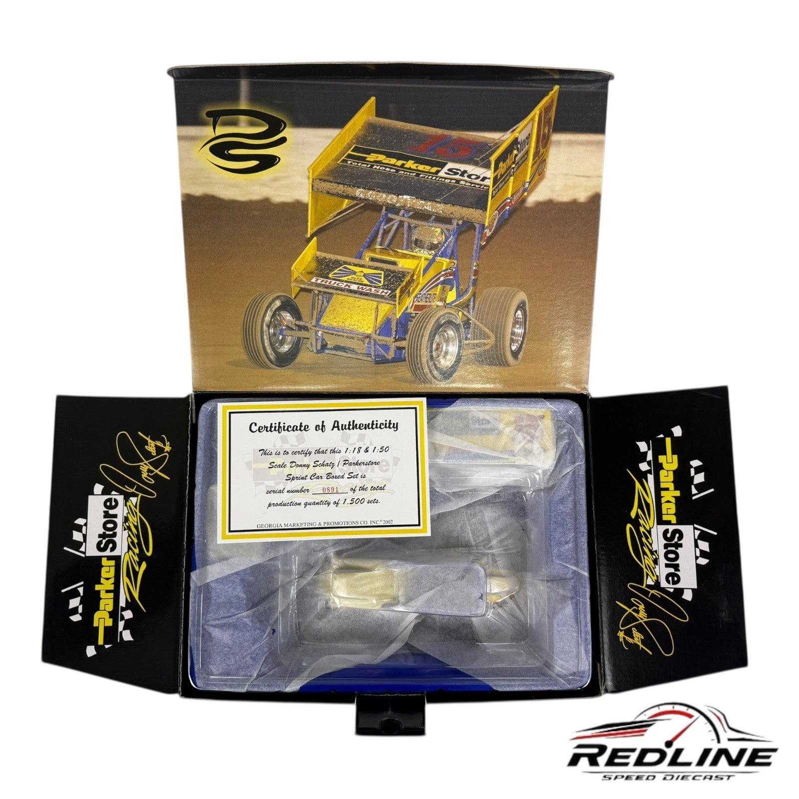 1:50 & 1:18 GMP 2002 DONNY SCHATZ/PARKERSTORE #15 DIECAST SPRINT CAR SET.