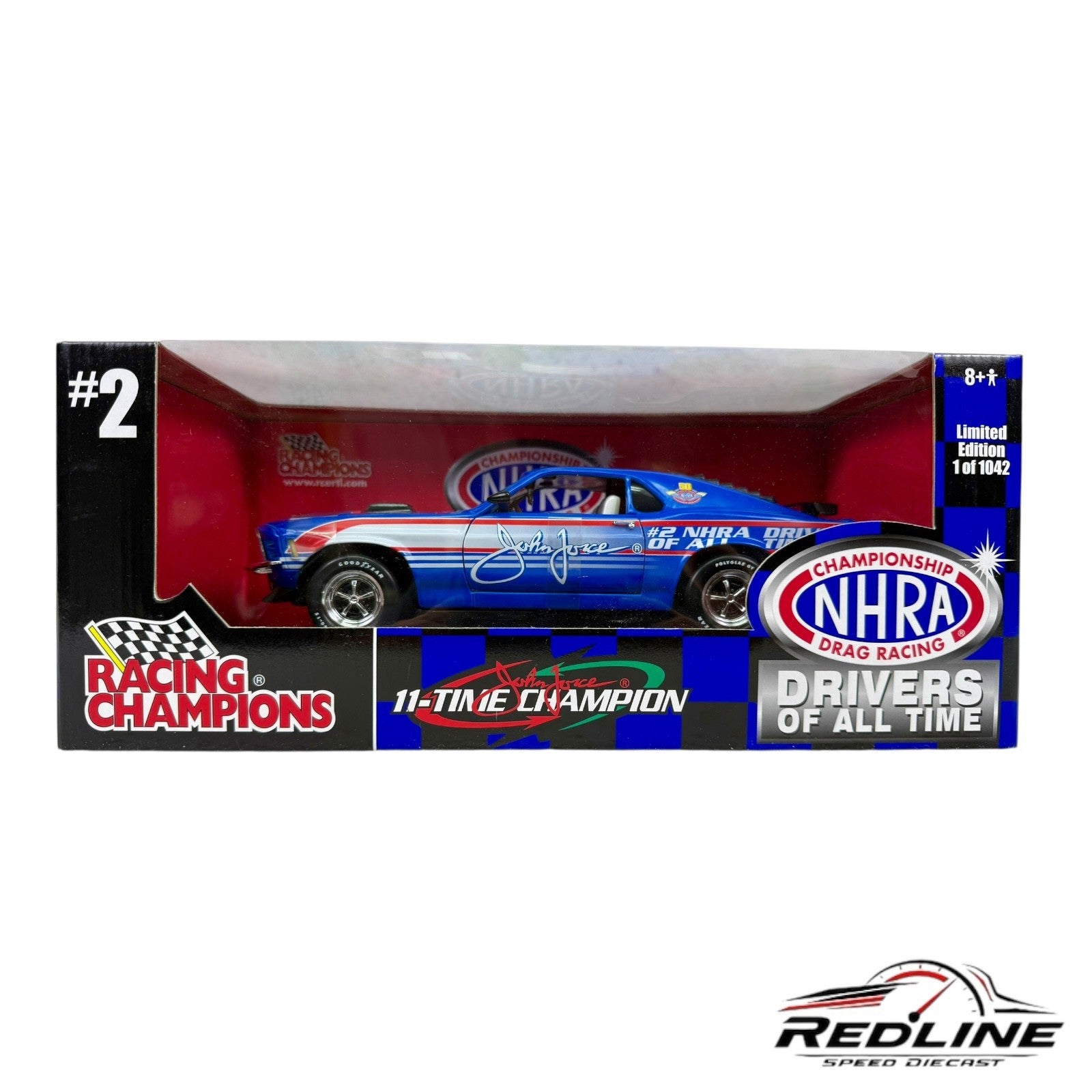 Racing Champions 11X Champion John Force #2 NHRA 1970 Ford Mustang Blue 1:18 LN