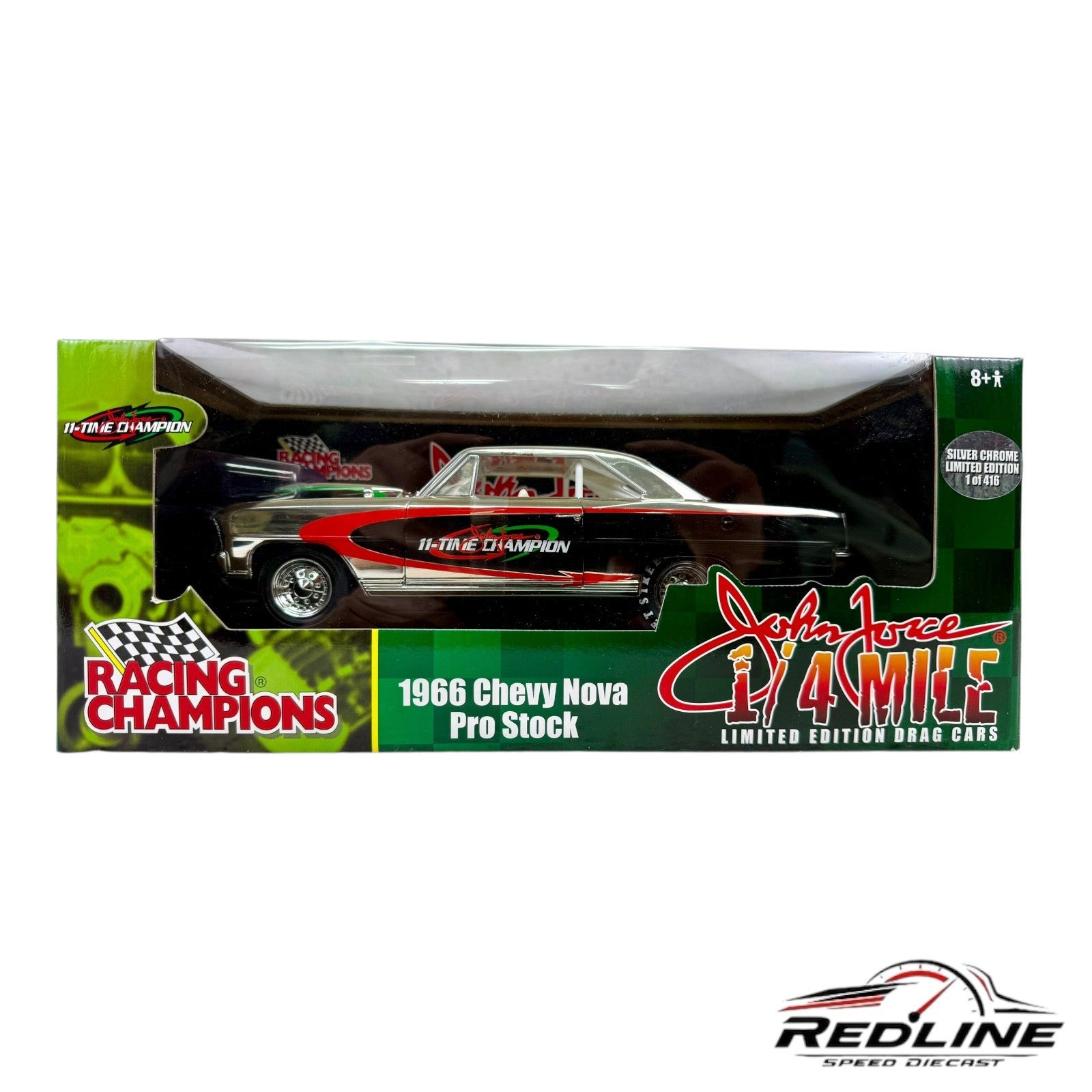 🏁Racing Champions 1966 Chevy Nova Pro Stock John Force Chrome Chase 1:18 LN🏁