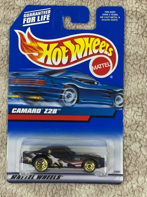 2000 Hot Wheels #124 CAMARO Z28 Black w/Gold Lace Wheels Lt Blue Star Tampo HW05