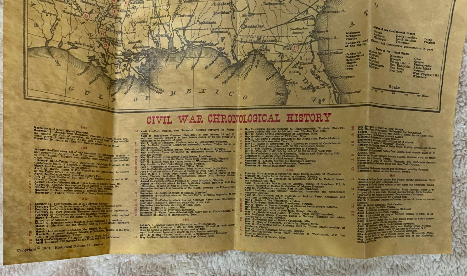 1961 CIVIL WAR BATTLEFIELDS Map 1861-1865 Chronological History of Events Listed