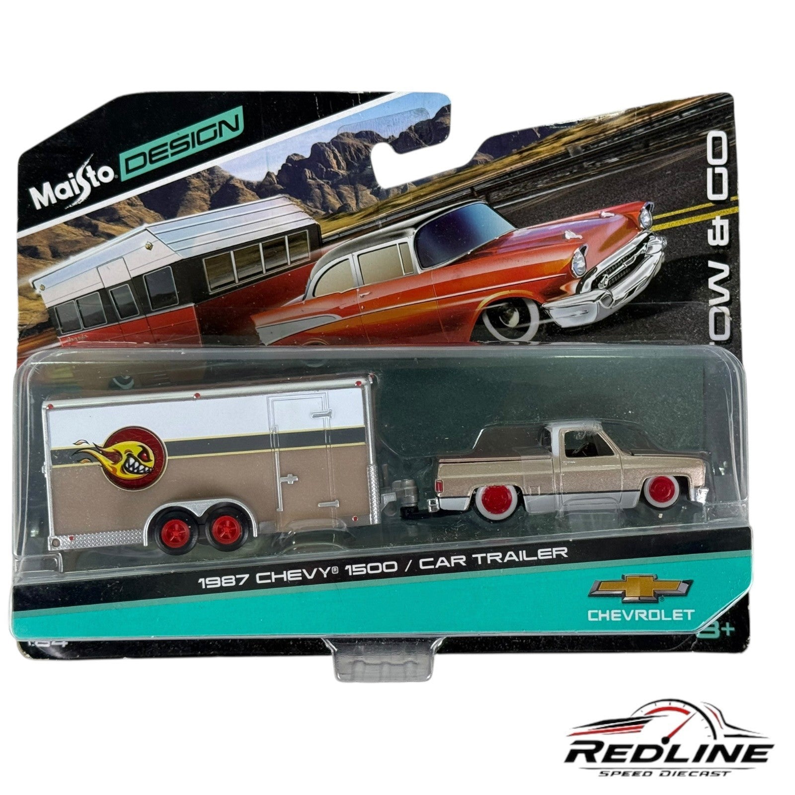 🦅🦅Maisto Design Tow & Go 1987 Chevy 1500 And Car Trailer 1:64 H9🦅🦅