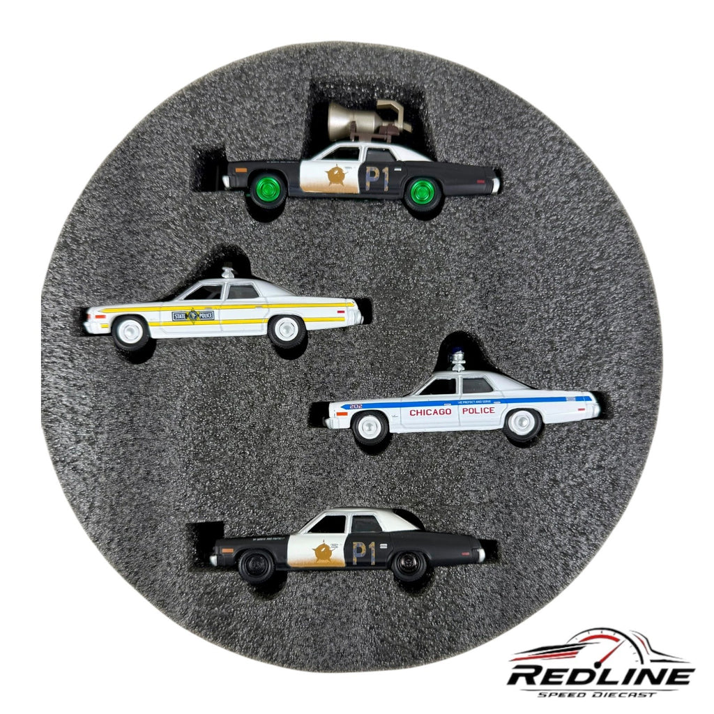 🔥🔥Greenlight BLUE BROTHERS 4-Car Collector Set Film Reel Case 1:64 A2🔥🔥