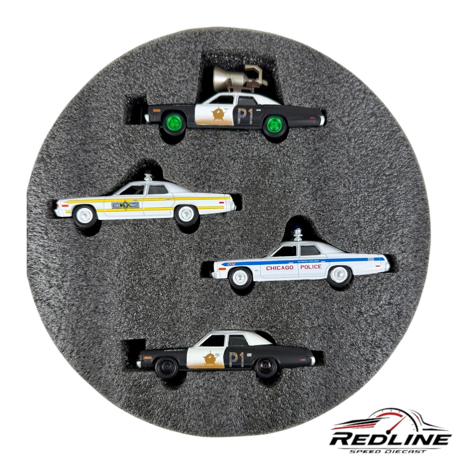 🔥🔥Greenlight BLUE BROTHERS 4-Car Collector Set Film Reel Case 1:64 A2🔥🔥
