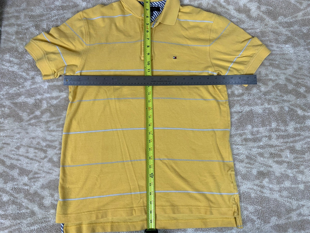 Tommy Hilfiger Vintage 90's Yellow Gray Striped Flag Logo SS Polo Shirt Medium