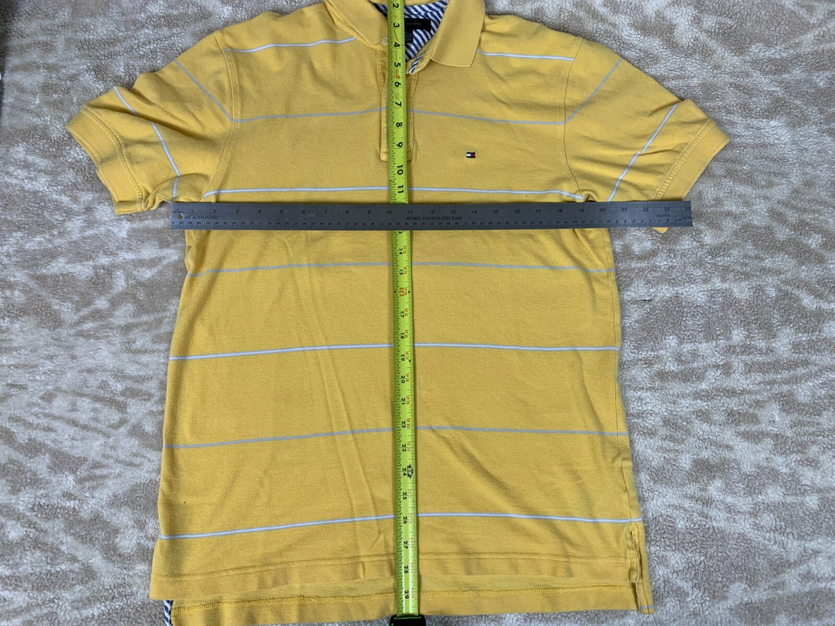 Tommy Hilfiger Vintage 90's Yellow Gray Striped Flag Logo SS Polo Shirt Medium