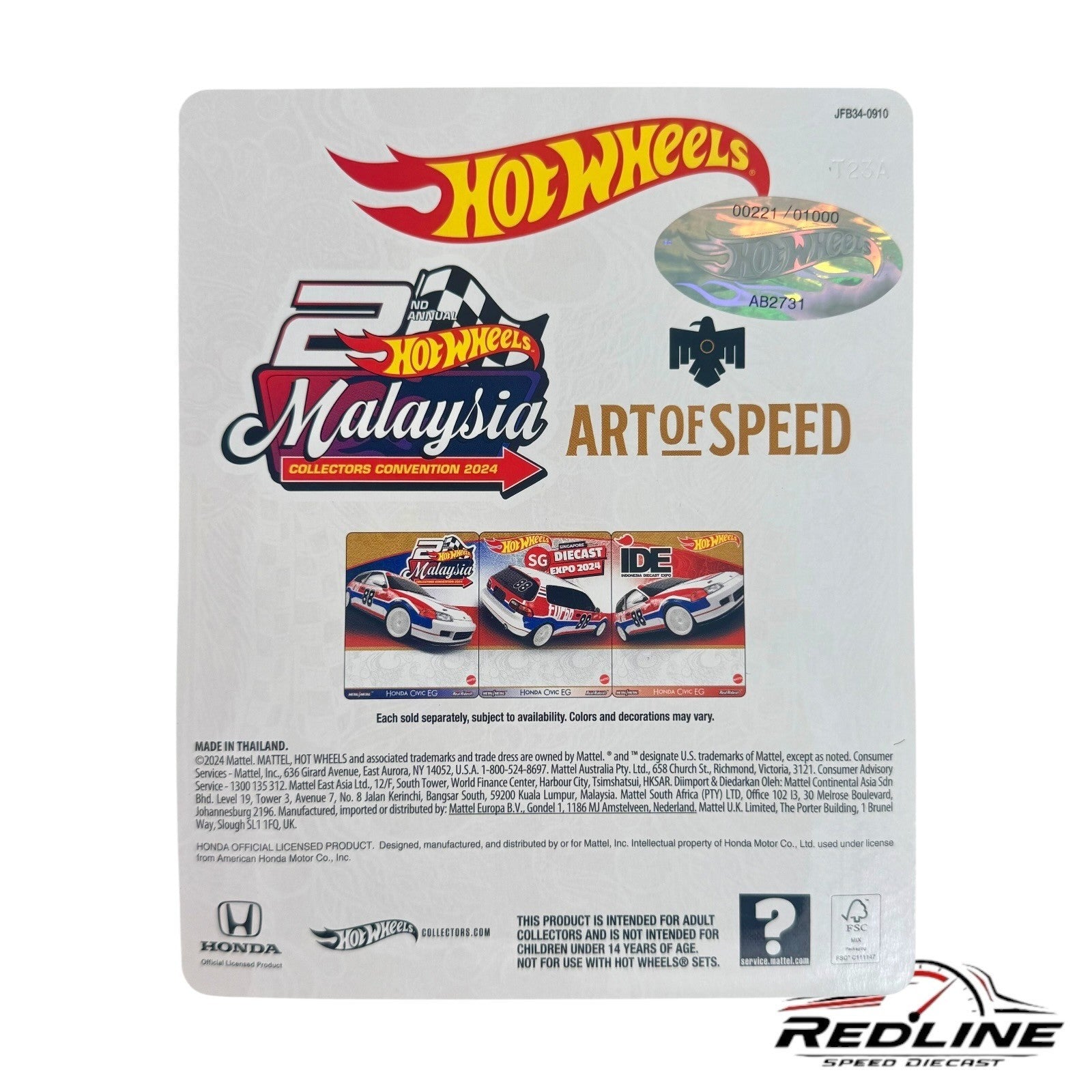 Hot Wheels Malaysia Collectors Convention 2024 HONDA CIVIC EG 221/1000 w/Display