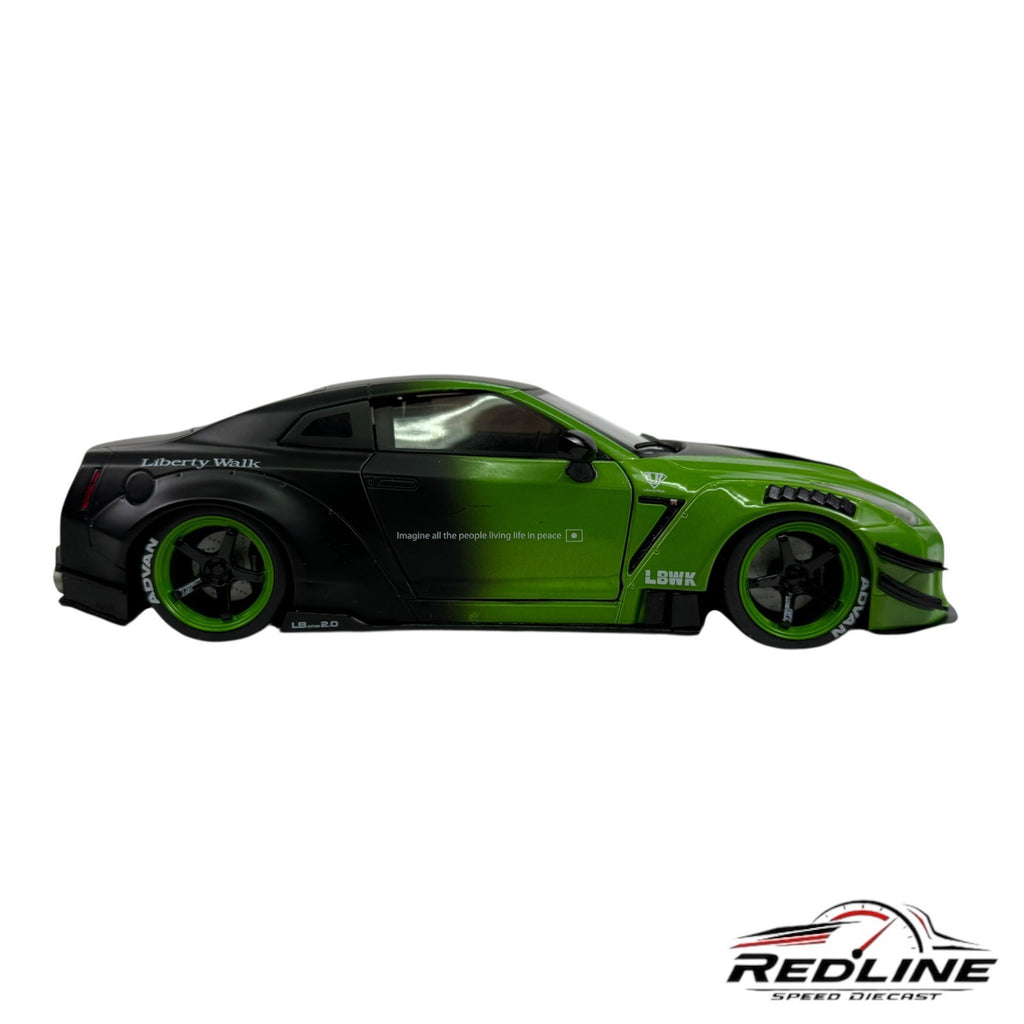 🎌JADA NISSAN GT-R (R35) LIBERTY WALK 2.0 RHD GREEN & BLACK 1/18 L2🎌