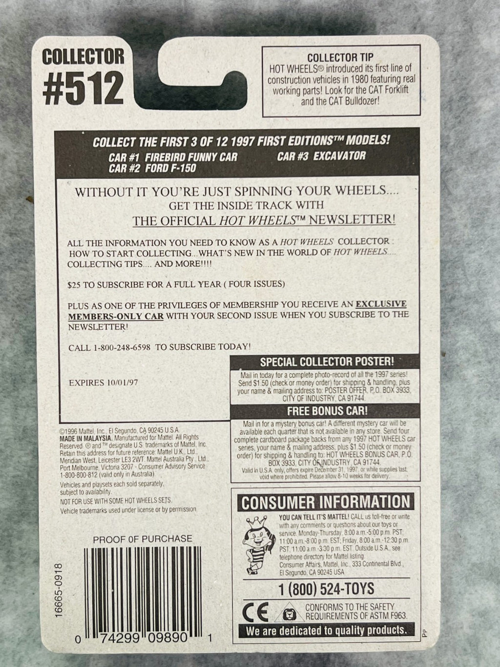 🇺🇸🇺🇸Hot Wheels EXCAVATOR #512, 1997 First Editions H11🇺🇸🇺🇸