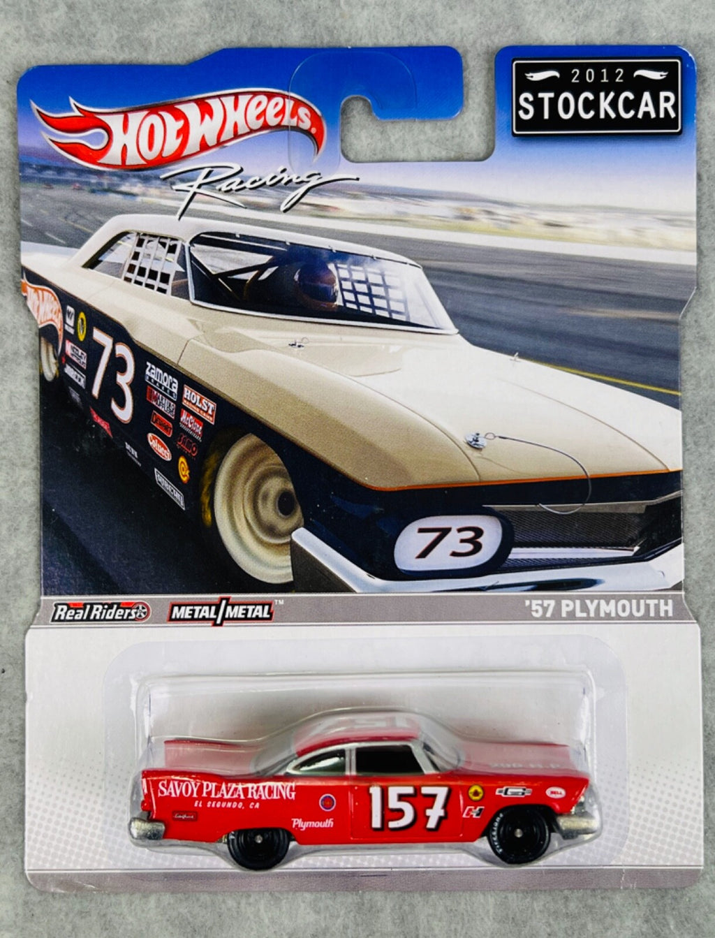 🏁🏁 Hot Wheels Racing 2012 Stockcar '57 Plymouth Red Real Riders 🏁🏁
