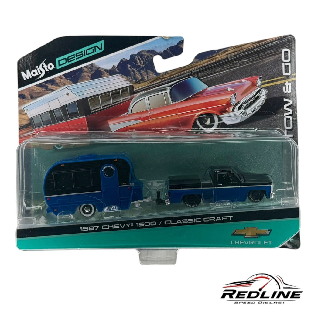 🔥Maisto 1:64 - 1987 Chevrolet 1500 With Classic Craft Trailer Blue/Black D3🔥