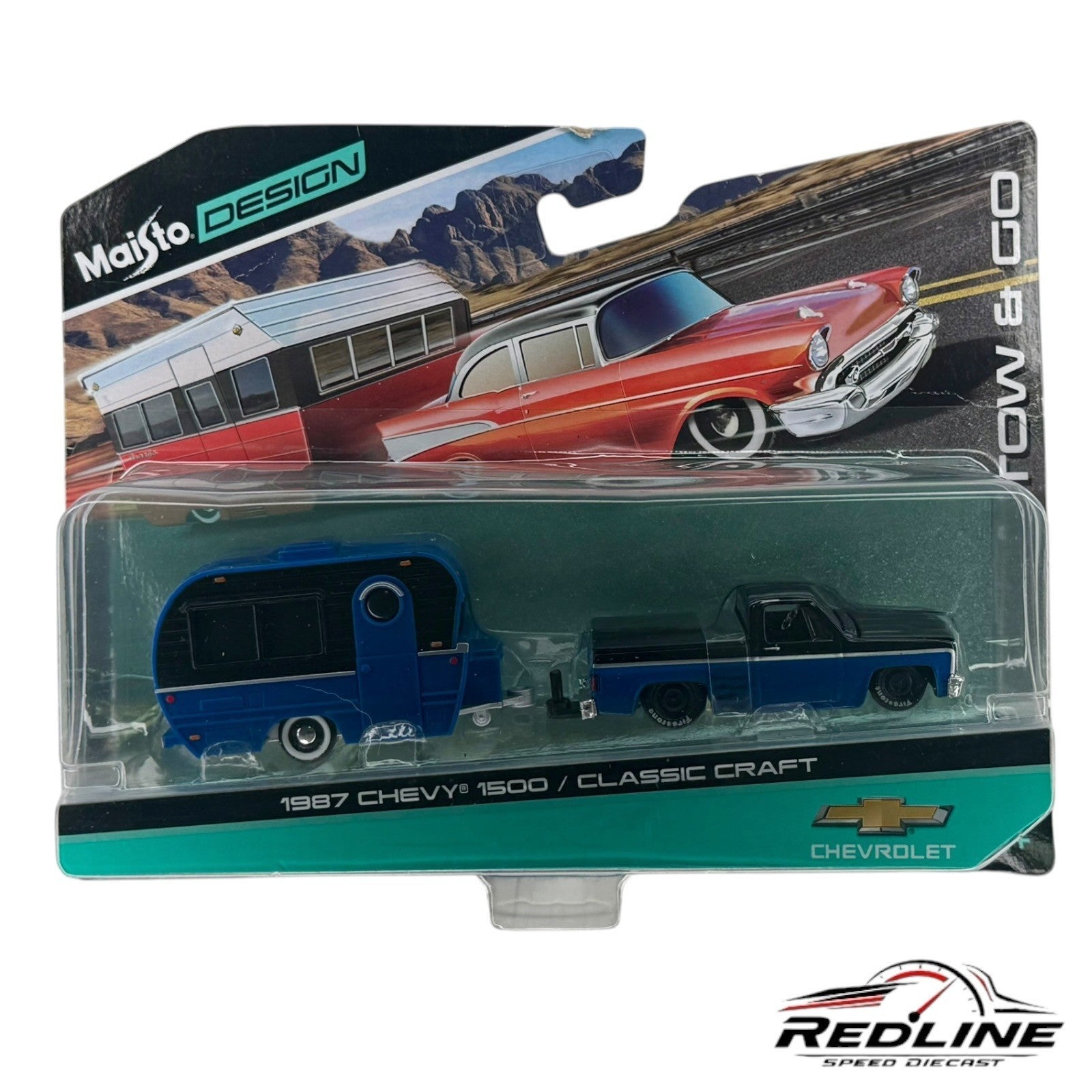 🔥Maisto 1:64 - 1987 Chevrolet 1500 With Classic Craft Trailer Blue/Black D3🔥