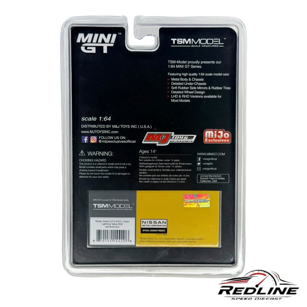 Mini GT Nissan Skyline GT-R R34 V-Spec Lightning Yellow-MiJo Exclusive CHASE H31