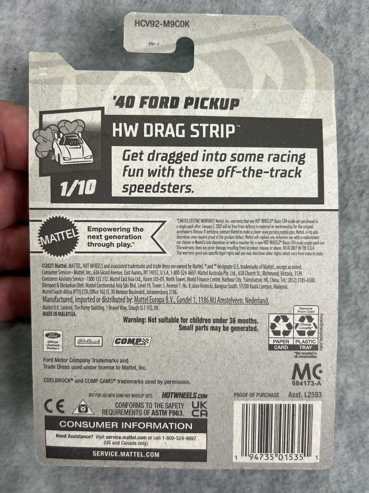 🇺🇸 Hot Wheels '40 Ford Pickup Truck HW Drag Strip1 Edelbrock Comp Cams H27🇺🇸
