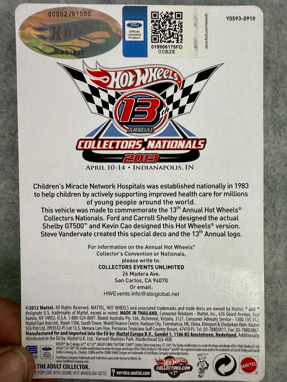 🏁Hot Wheels13th Collectors Nationals '67 Shelby GT500 92/1500 White Green H9🏁