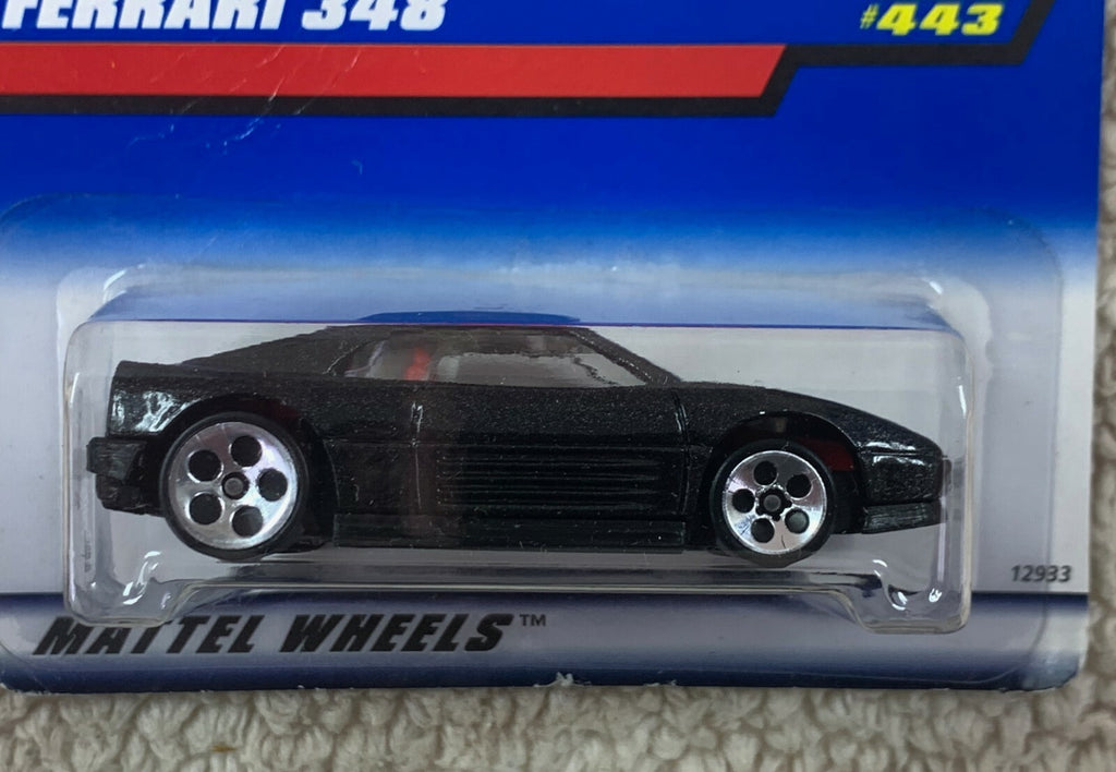 1997 Hot Wheels Black Blue Card #443 FERRARI 348 Black w/Chrome 5Dot Spokes HW05