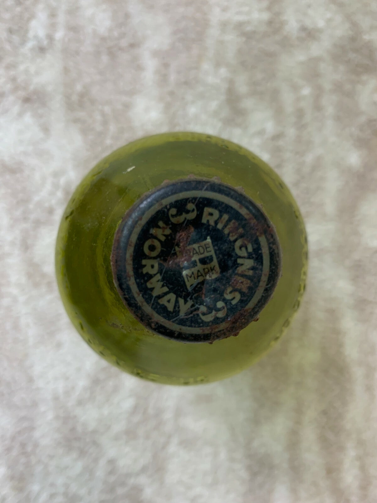 Vintage RINGNES SPECIAL Imported Green Glass Beer Bottle w/ Cap Norway EMPTY BB2