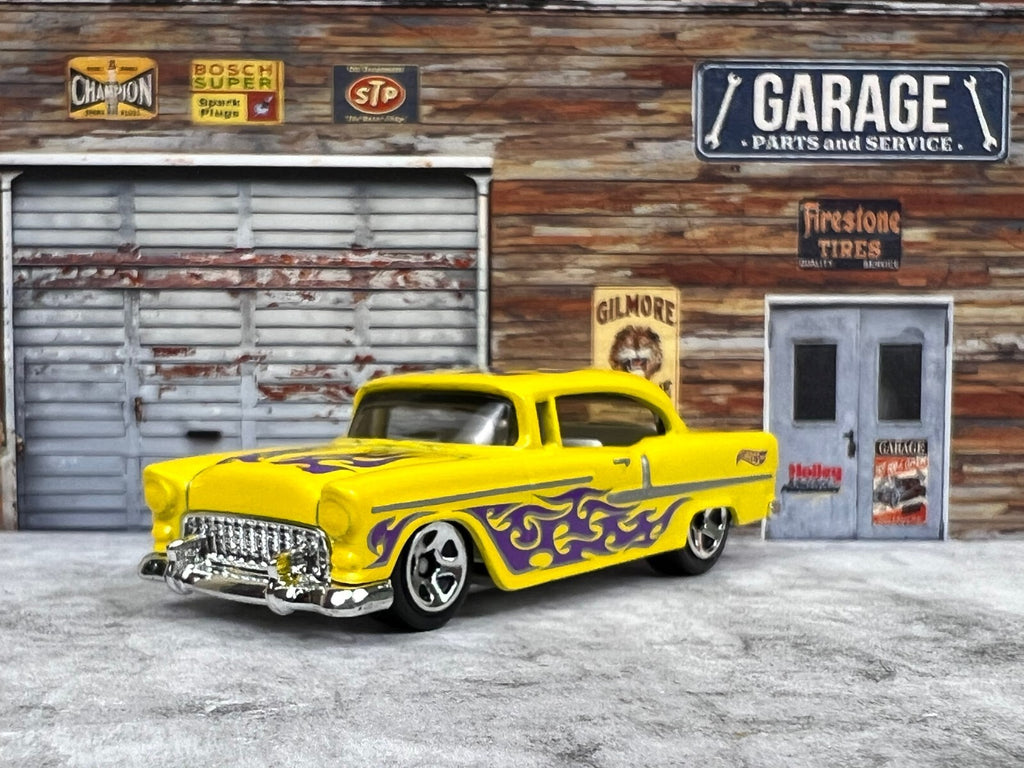 🔥🔥🔥Hot Wheels 2006 '55 Chevy Yellow Purple Flames C1🔥🔥🔥