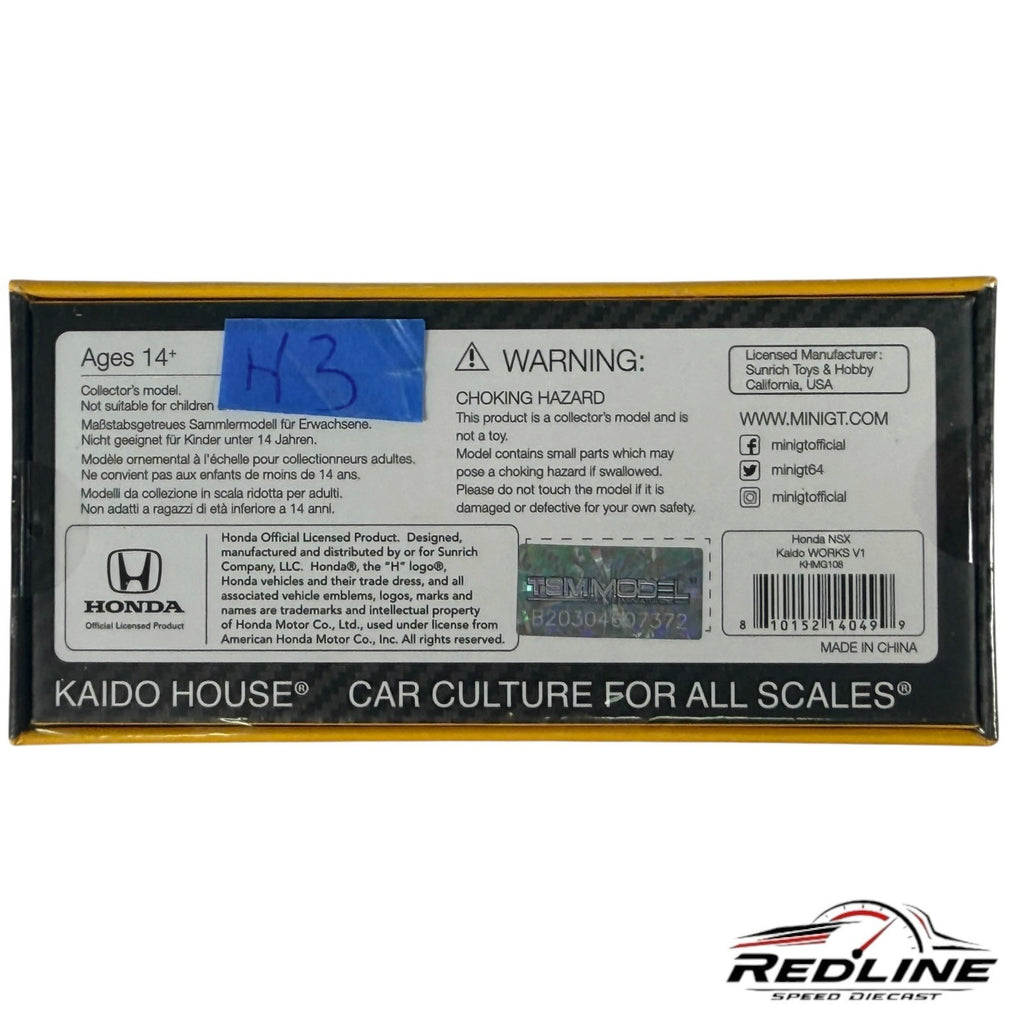 🎌Kaido House Honda NSX Kaido Works V1 Yellow Mini GT #108 Sealed H3🎌