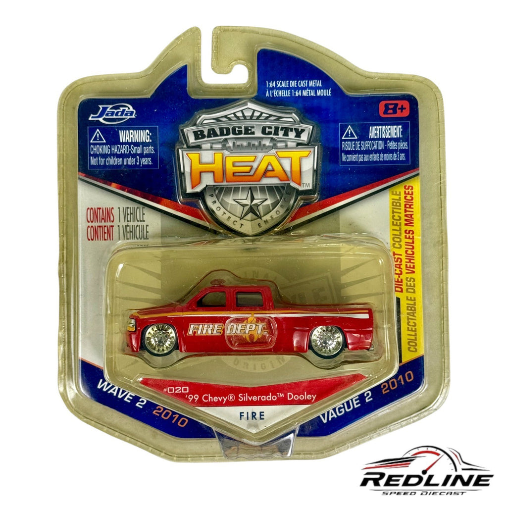 🔥🔥Jada BADGE CITY HEAT '99 Chevy Silverado Dooley Fire Dept. 1:64 H26🔥🔥