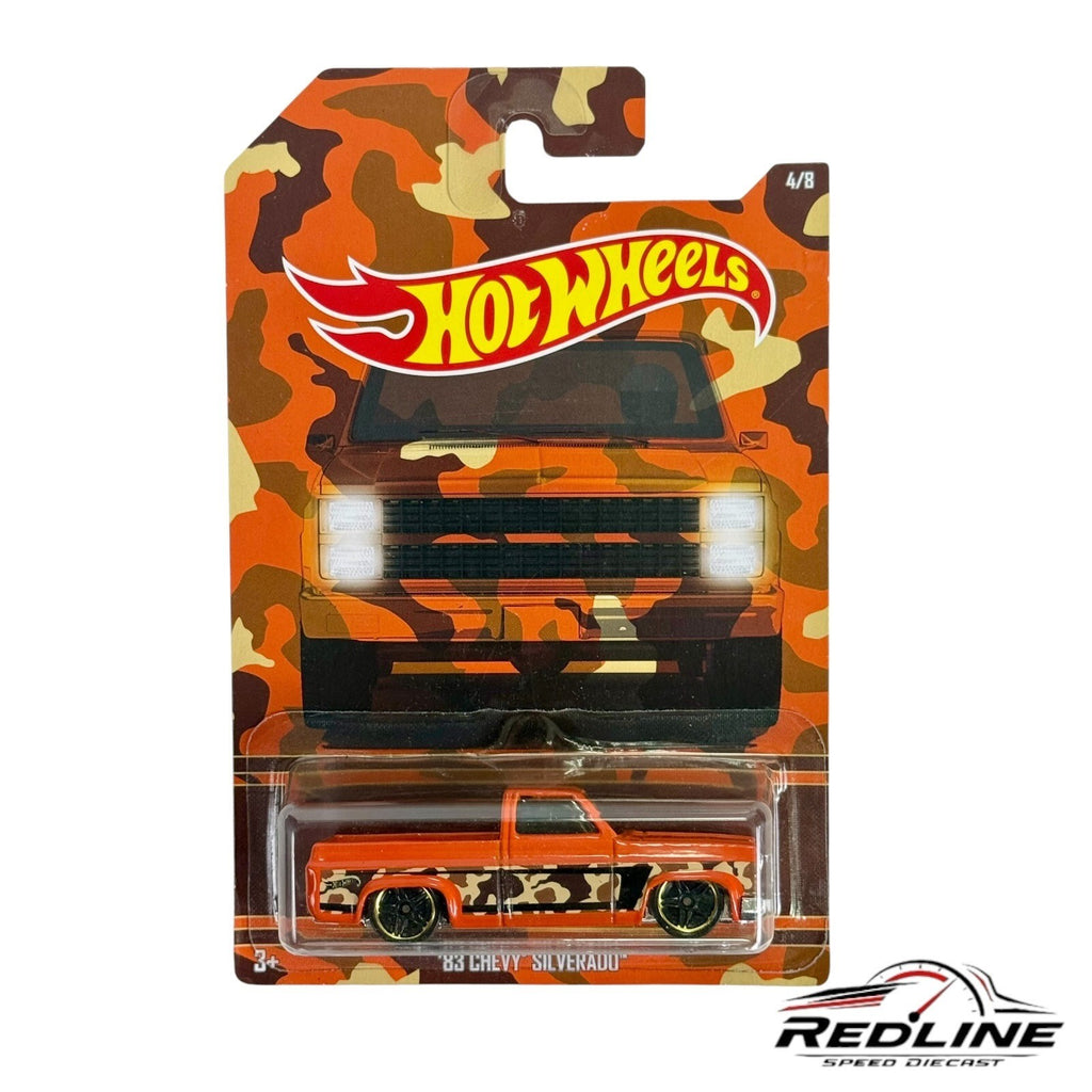 🇺🇸Hot Wheels'83 Chevy Silverado Camo Orange Camouflage Trucks #4/8 H33🇺🇸