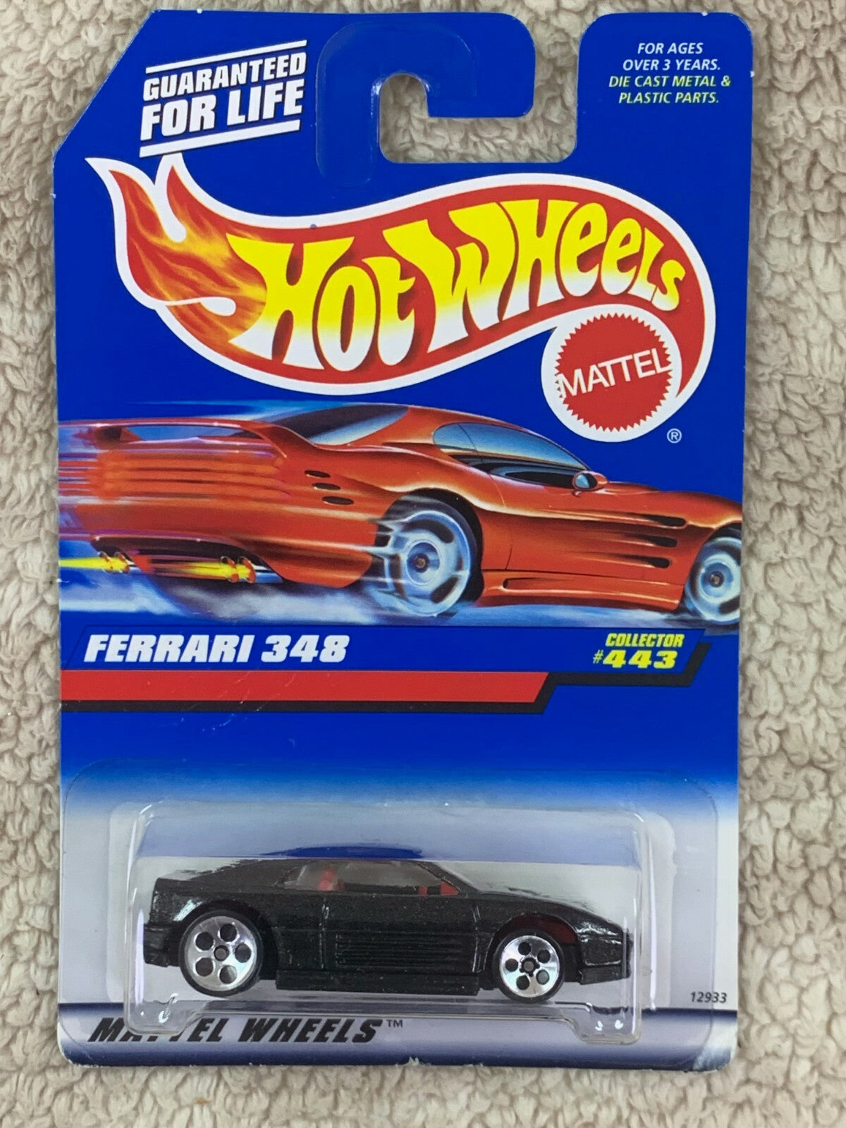 1997 Hot Wheels Black Blue Card #443 FERRARI 348 Black w/Chrome 5Dot Spokes HW05
