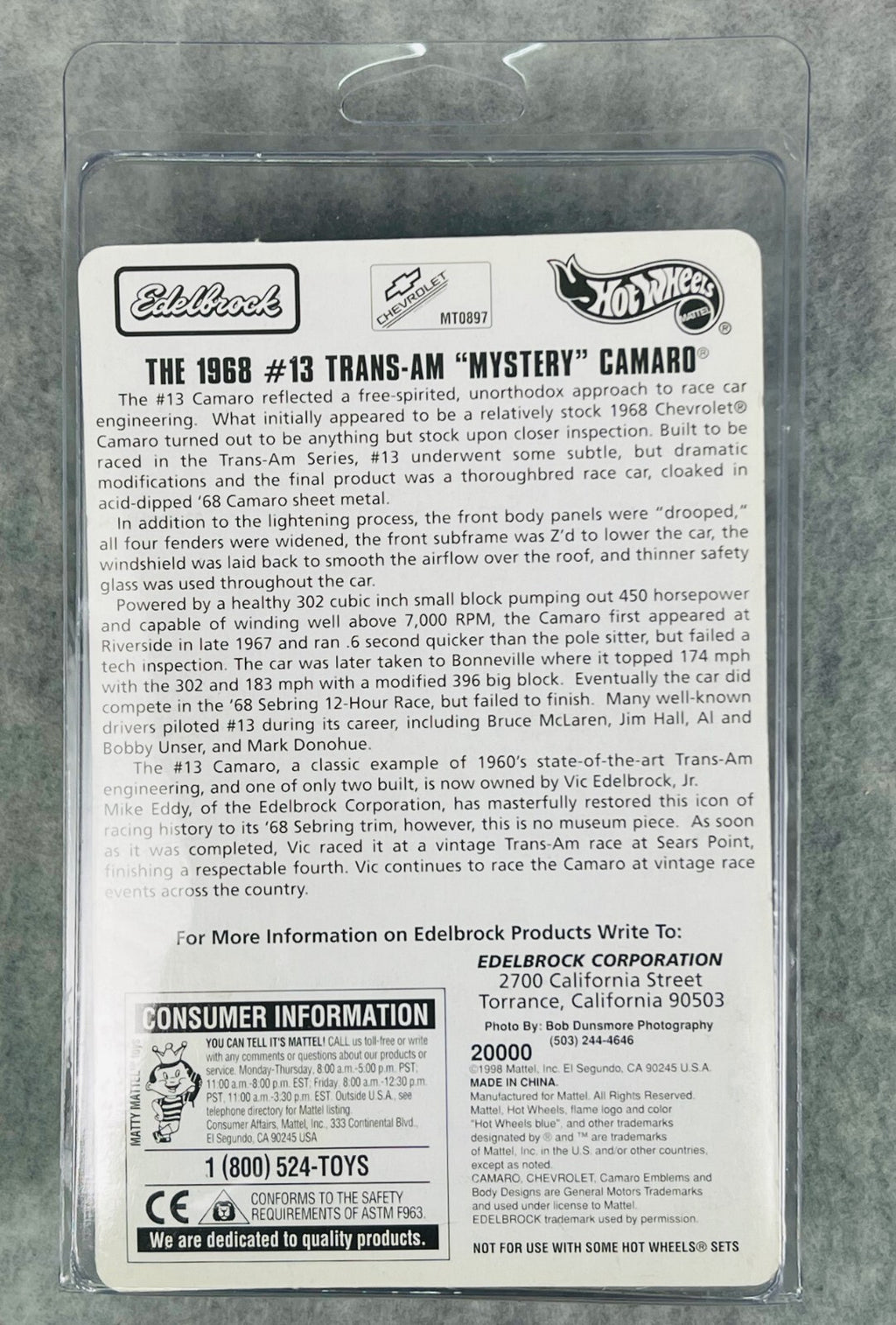 🇺🇸🇺🇸Hot Wheels Special Edition Edelbrock '68 Trans Am Camaro H26🇺🇸🇺🇸