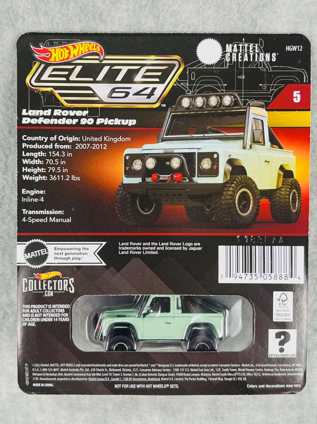 🇬🇧Hot Wheels Collectors Elite 64 Series Land Rover Defender 90 Pickup H33🇬🇧
