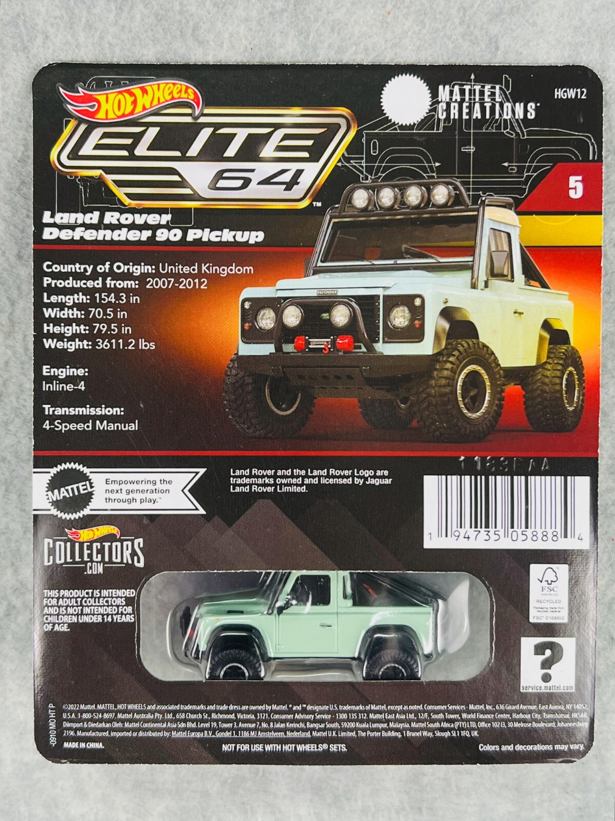 🇬🇧Hot Wheels Collectors Elite 64 Series Land Rover Defender 90 Pickup H33🇬🇧