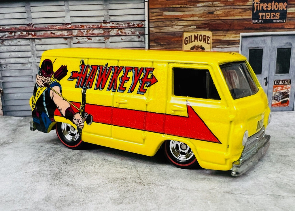 🇺🇸🇺🇸Hot Wheels Hawkeye 66 Dodge A100 Marvel Premium Real Riders C23🇺🇸🇺🇸