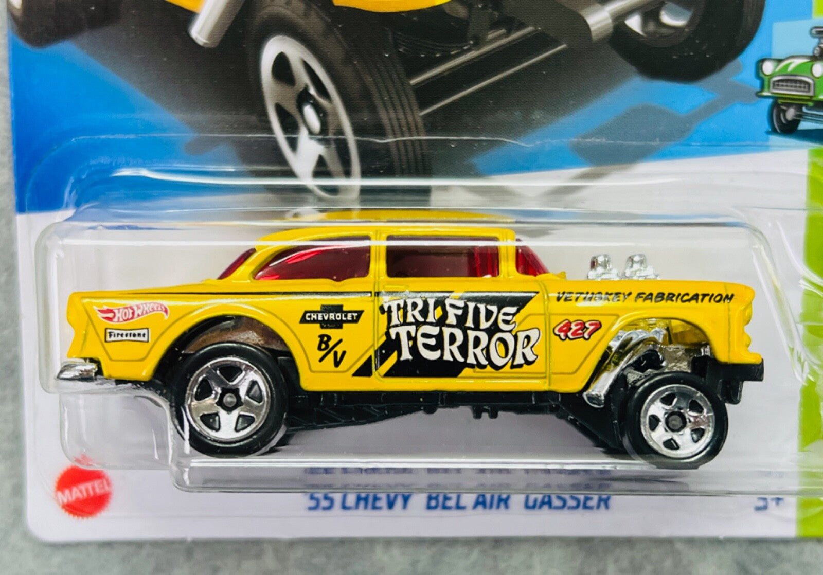 🔥Hot Wheels HW Gassers 1/5 Yellow ‘55 Chevy Bel Air Gasser Tri Five Terror H27