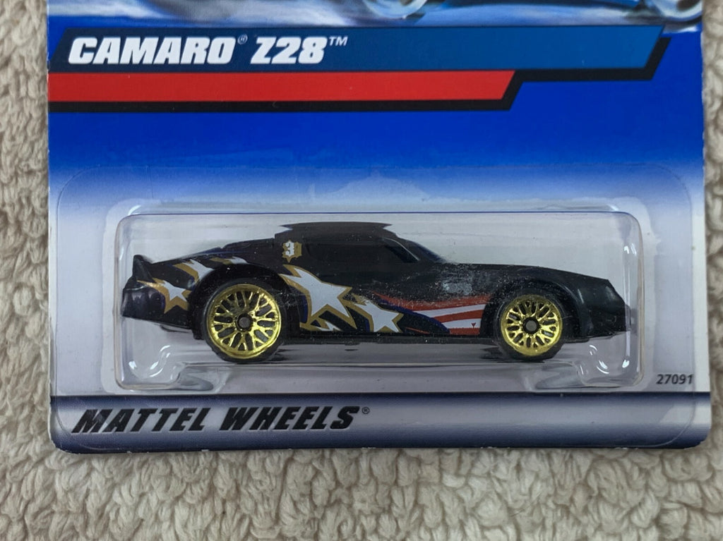 2000 Hot Wheels #124 CAMARO Z28 Black w/Gold Lace Wheels Lt Blue Star Tampo HW05