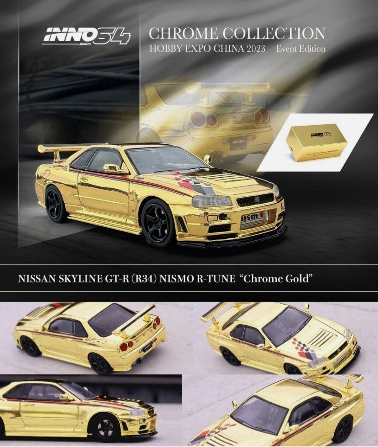 🎌Inno64 Nissan GT-R R34 Nismo R-Tune Gold Chrome Hobby Expo CHINA 2023 H15🎌