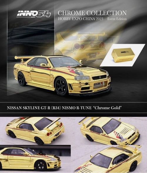 🎌Inno64 Nissan GT-R R34 Nismo R-Tune Gold Chrome Hobby Expo CHINA 2023 H15🎌