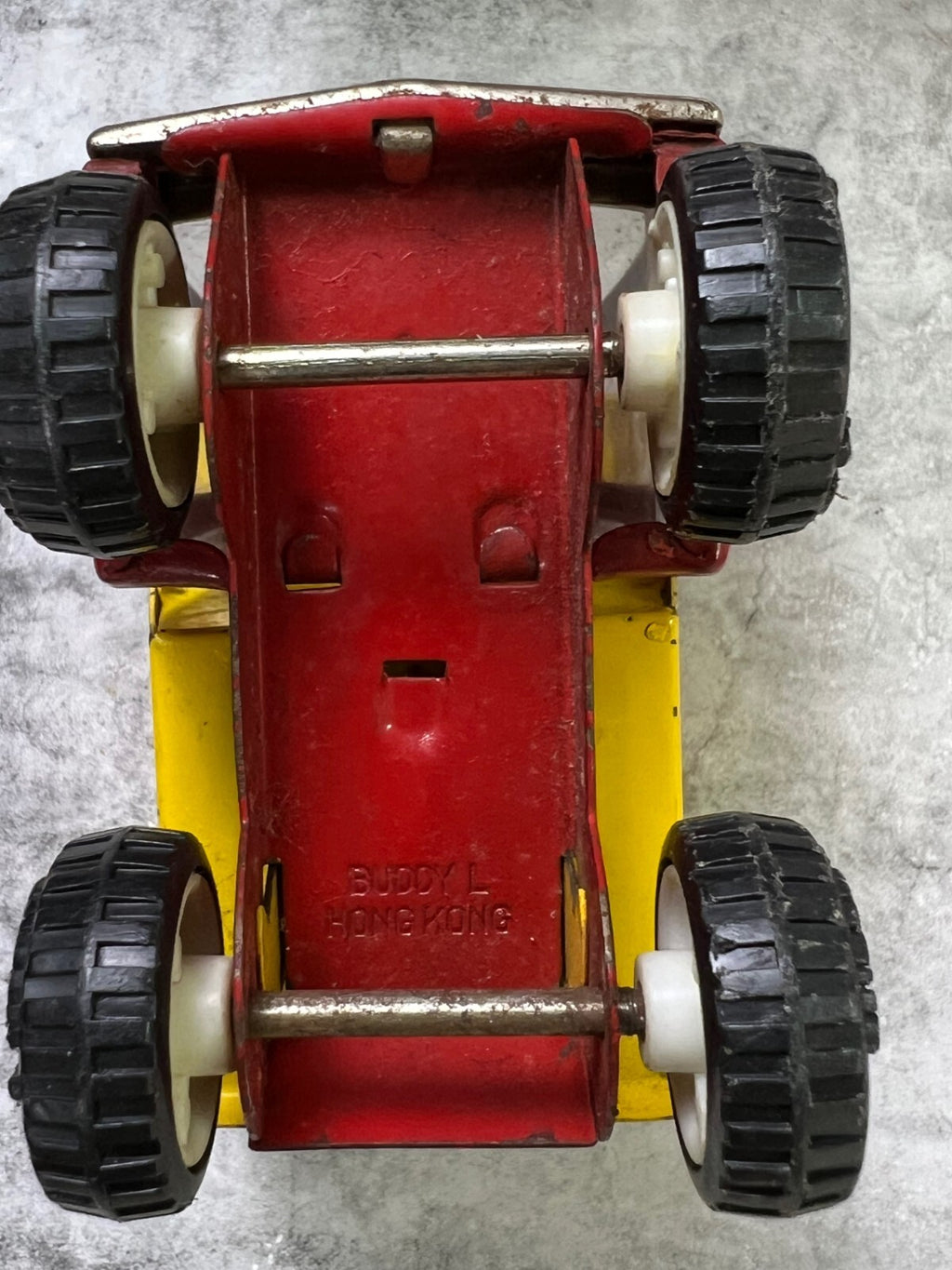 🔥🔥🔥Vintage Buddy L Small Yellow  Red Dump Truck Hong Kong C2🔥🔥🔥