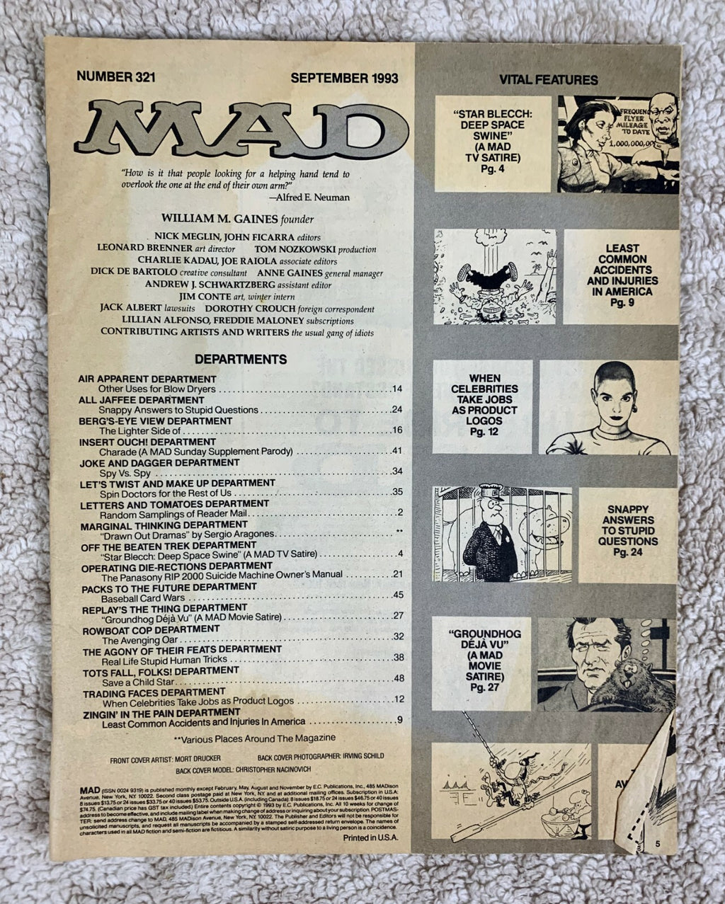 Mad Magazine September 1993 #321 Deep Space Nine Suicide Machines Missing Cover