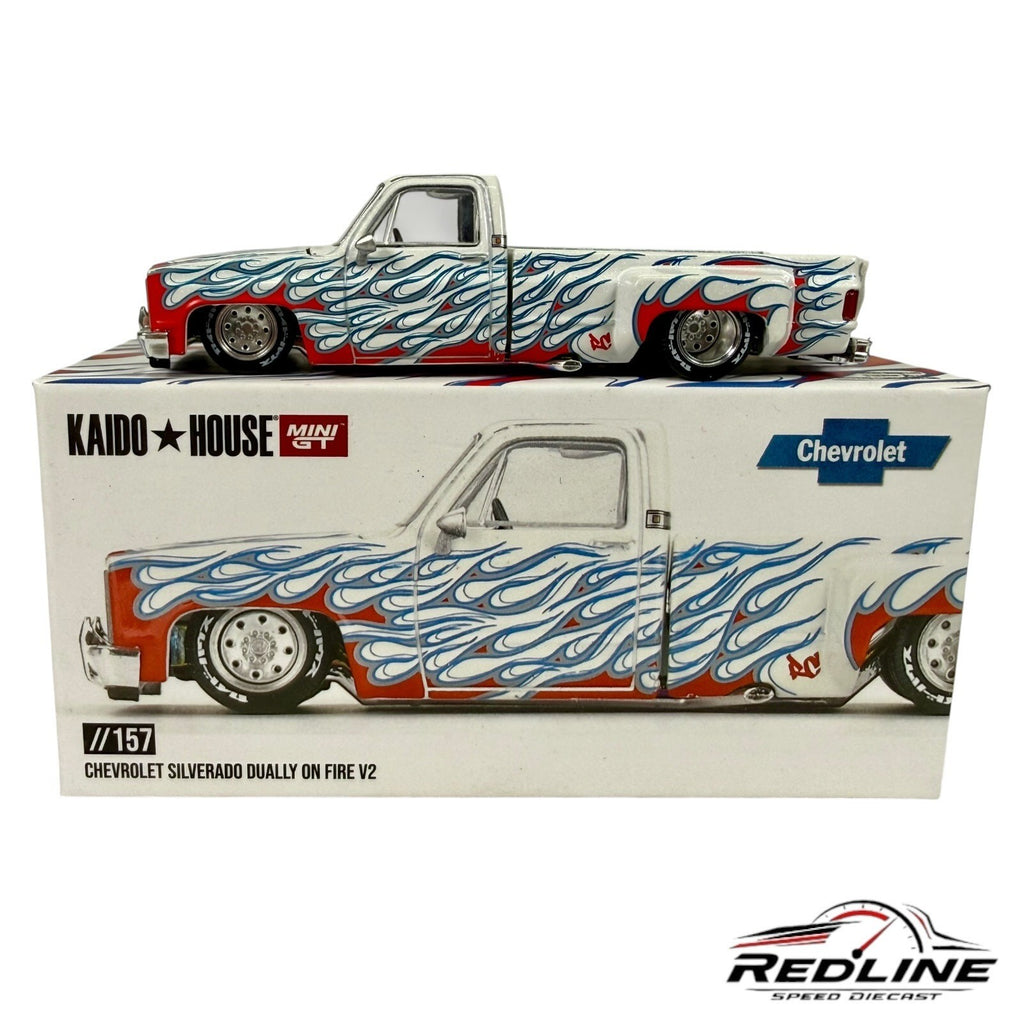 🇺🇸Kaido House  Chevrolet Silverado Dually on Fire V2 White 1:64 H1🇺🇸