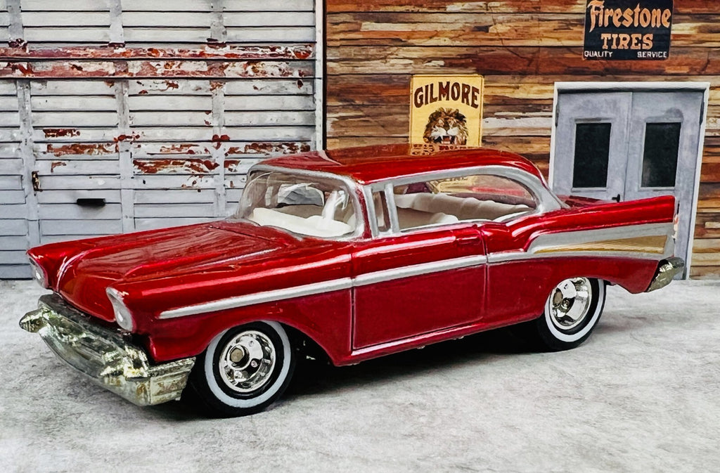 🇺🇸Hot Wheels 2006 Holiday Rods 57 Chevy Bel Air Red Real Riders C23🇺🇸