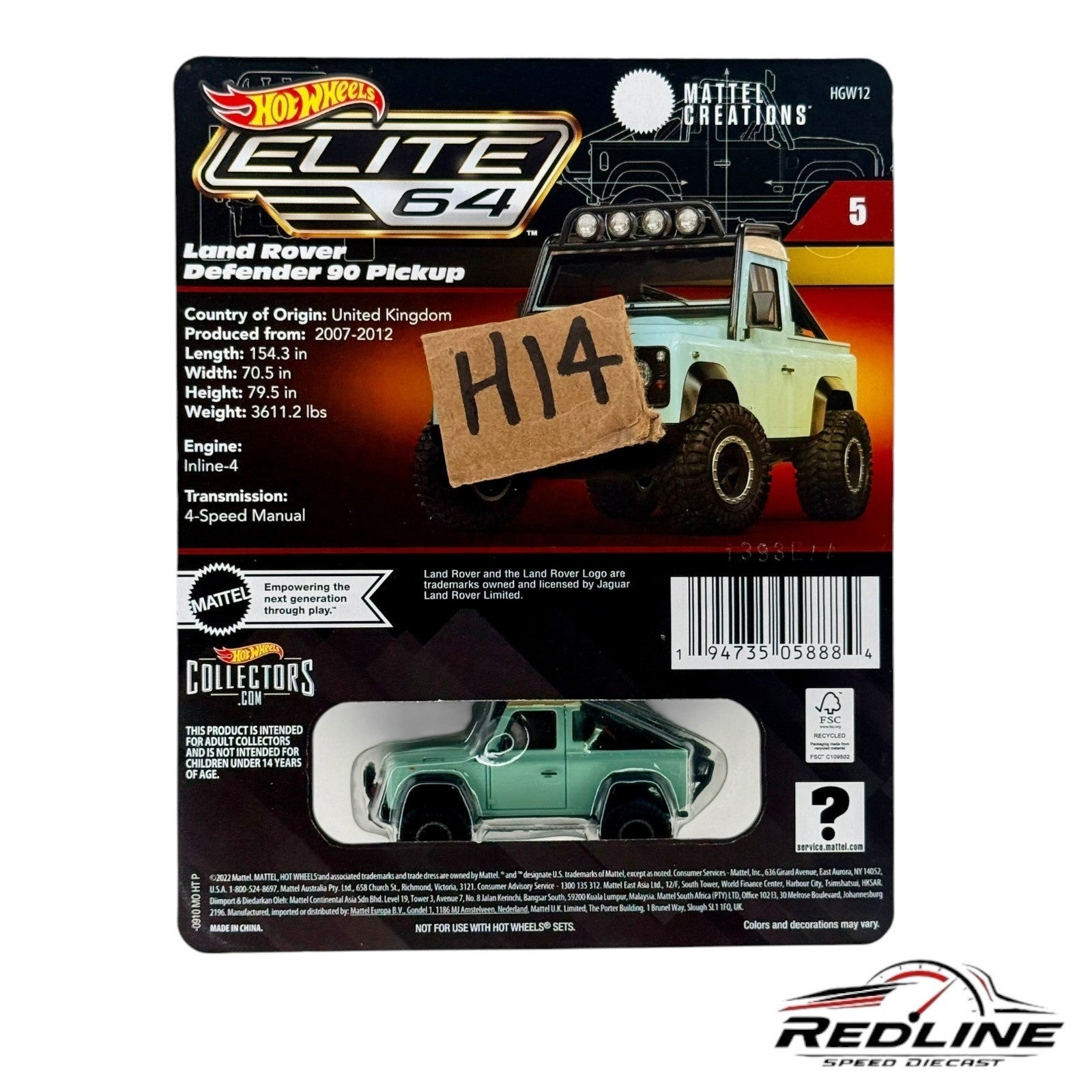 🔥🔥Hot Wheels Elite 64 Land Rover Defender 90 Pickup H14🔥🔥
