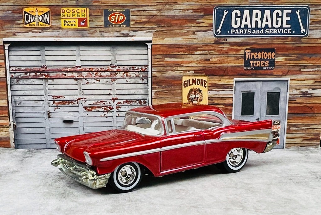 🇺🇸Hot Wheels 2006 Holiday Rods 57 Chevy Bel Air Red Real Riders C23🇺🇸