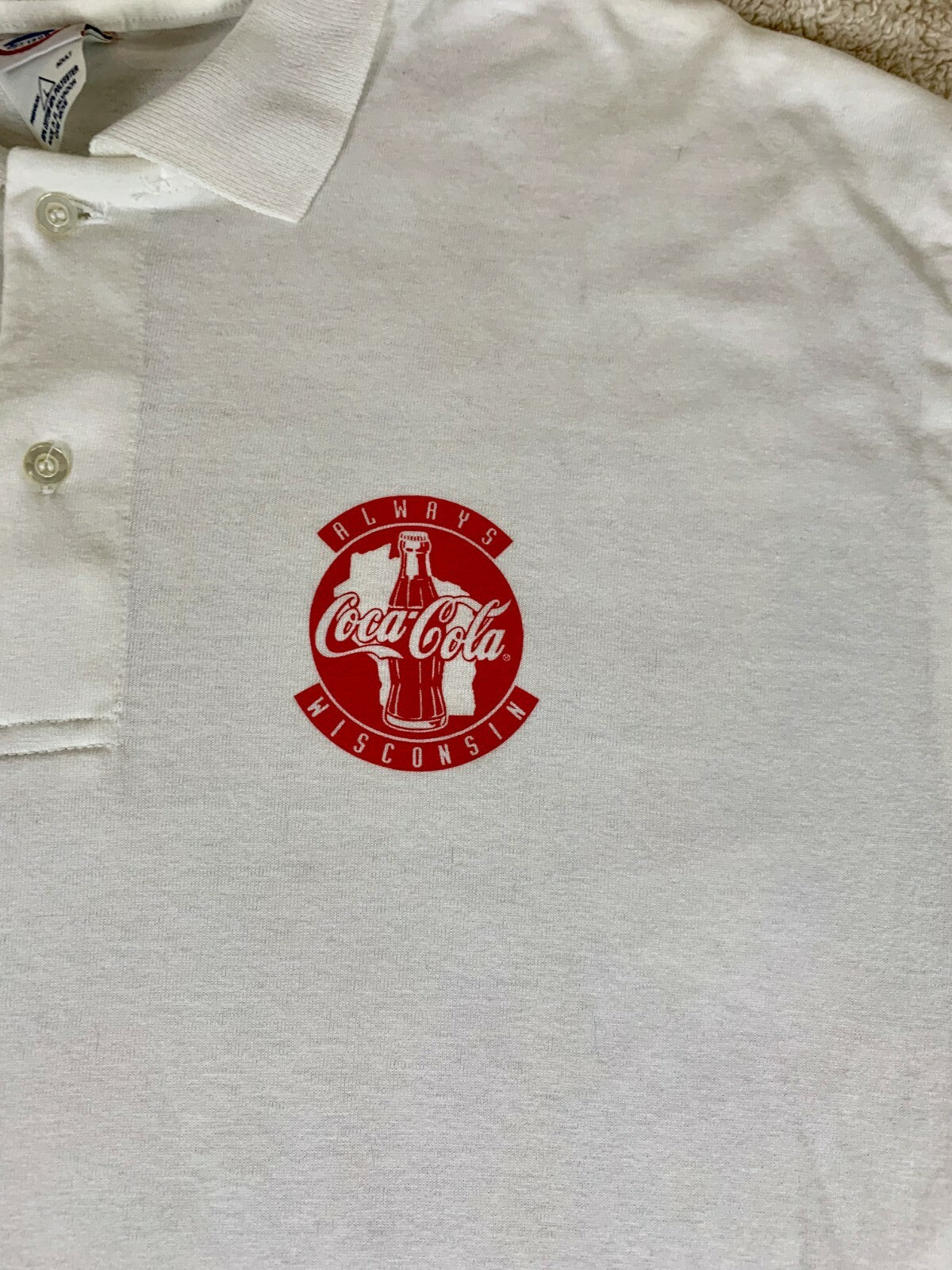 **Always Wisconsin Coca Cola Shirt Mens Lg White 1/2 60% Cotton 40% Polyester **