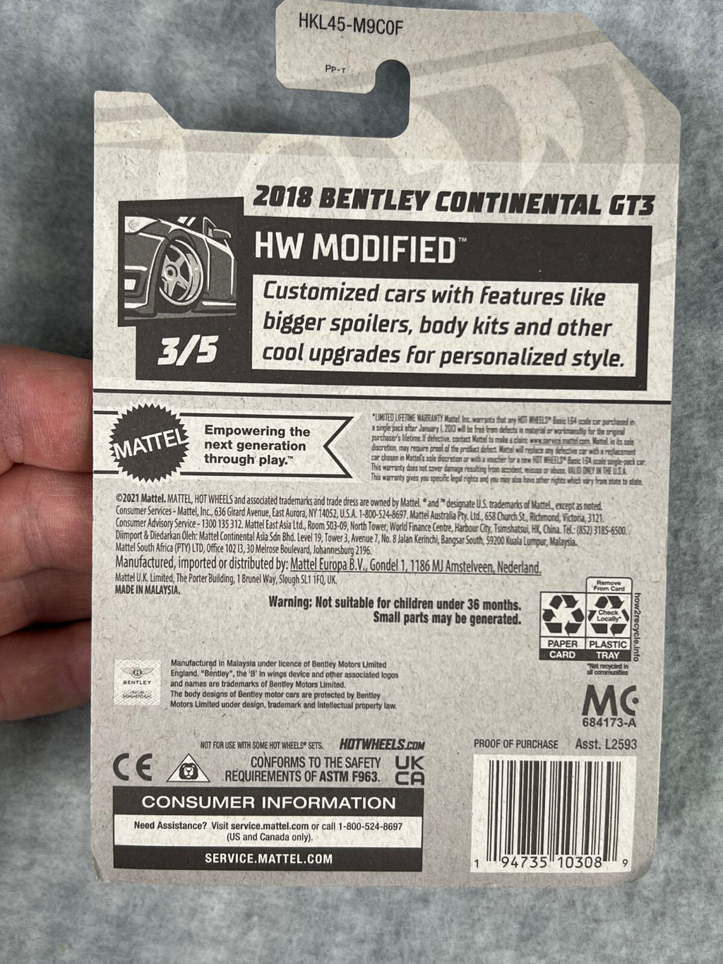 🔥🔥🔥Hot Wheels  2018 Bentley Continental GT3 Gray HW Modified H24🔥🔥🔥