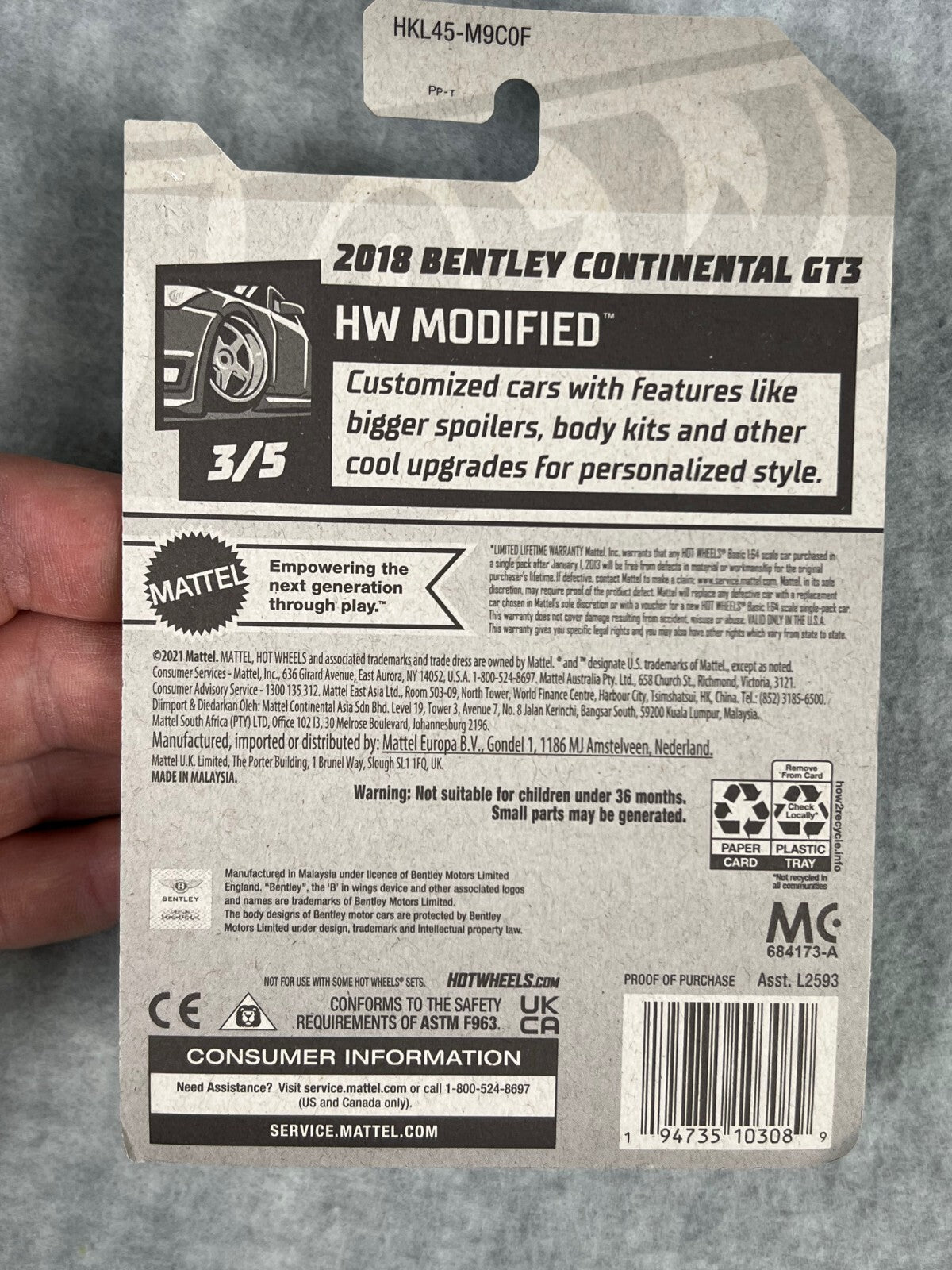 🔥🔥🔥Hot Wheels  2018 Bentley Continental GT3 Gray HW Modified H24🔥🔥🔥