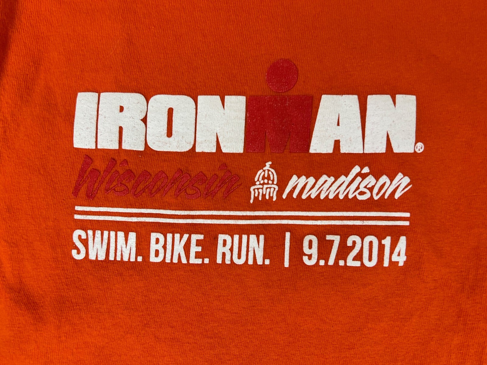 🔥🔥🔥Ironman 2014 Madison WI Swim Bike Run Mens Small Orange U🔥🔥🔥