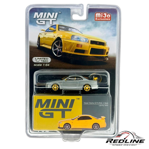 Mini GT Nissan Skyline GT-R R34 V-Spec Lightning Yellow-MiJo Exclusive CHASE H31