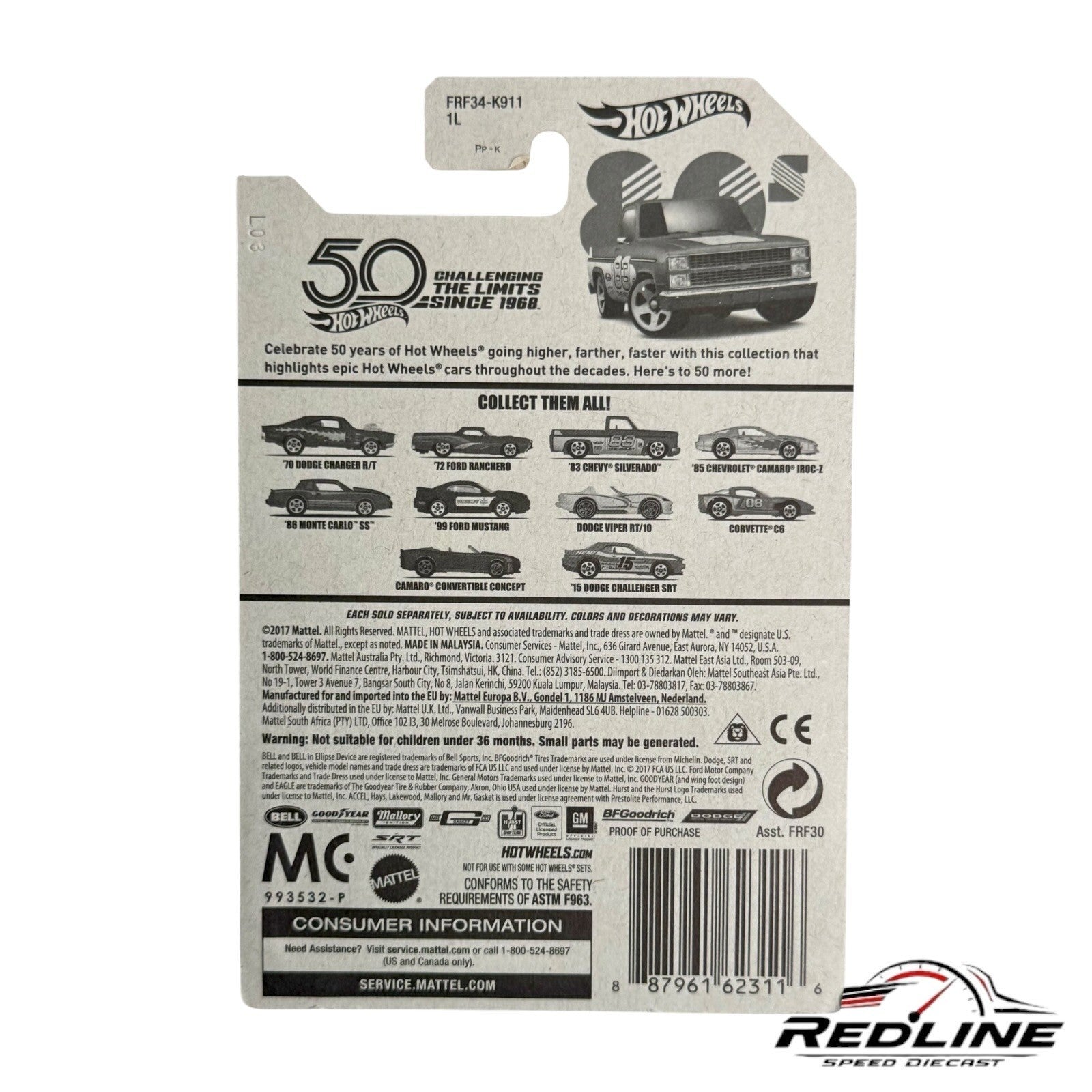 🇺🇸Hot Wheels 50th Anniversary Chevy Silverado Red Diecast Pickup Truck H23🇺🇸