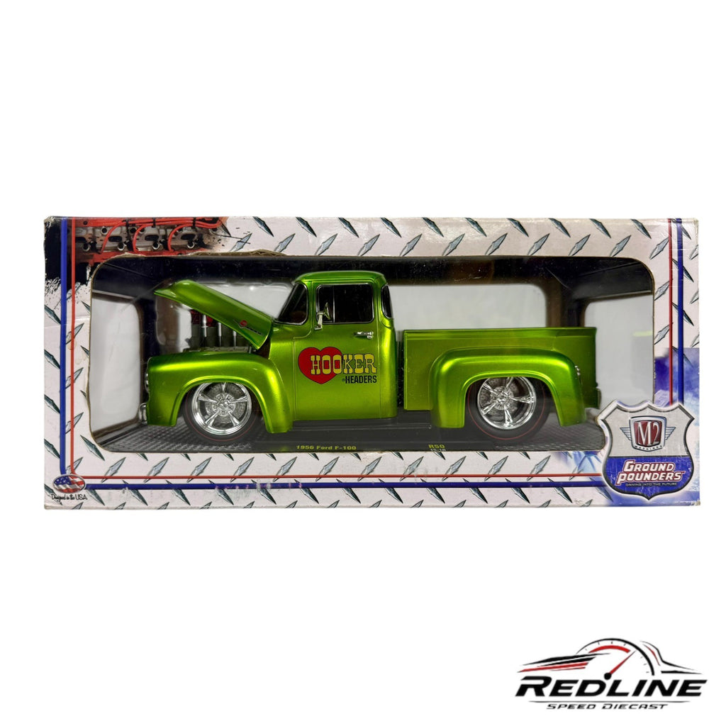 🔥M2 Machines Ground Pounders 1956 Ford F-100 Pickup Hooker Headers 1:24 D1🔥