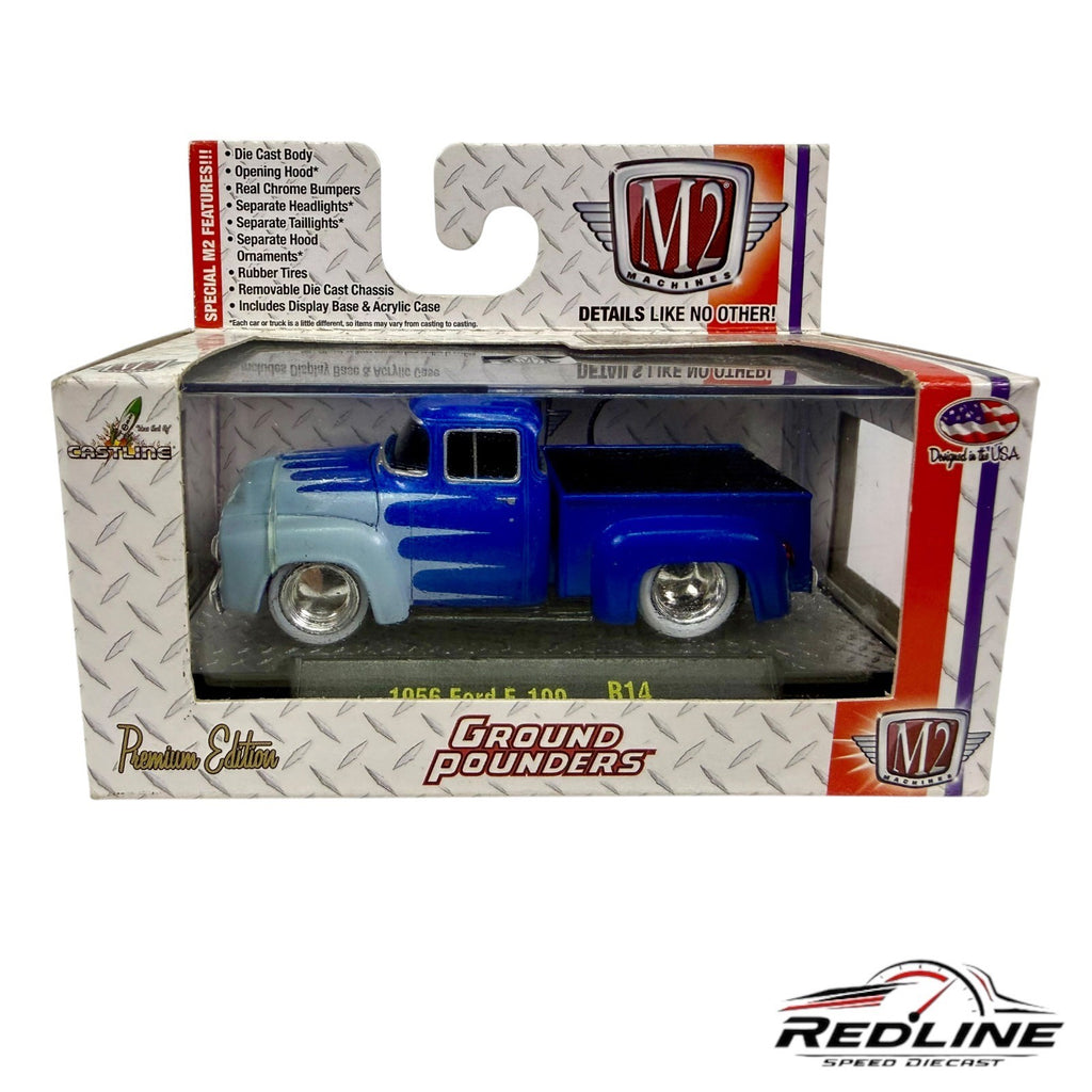 🇺🇸M2 Machines Ground Pounders R14 1956 Ford F-100 Pickup Truck Blue 1:64 H1
