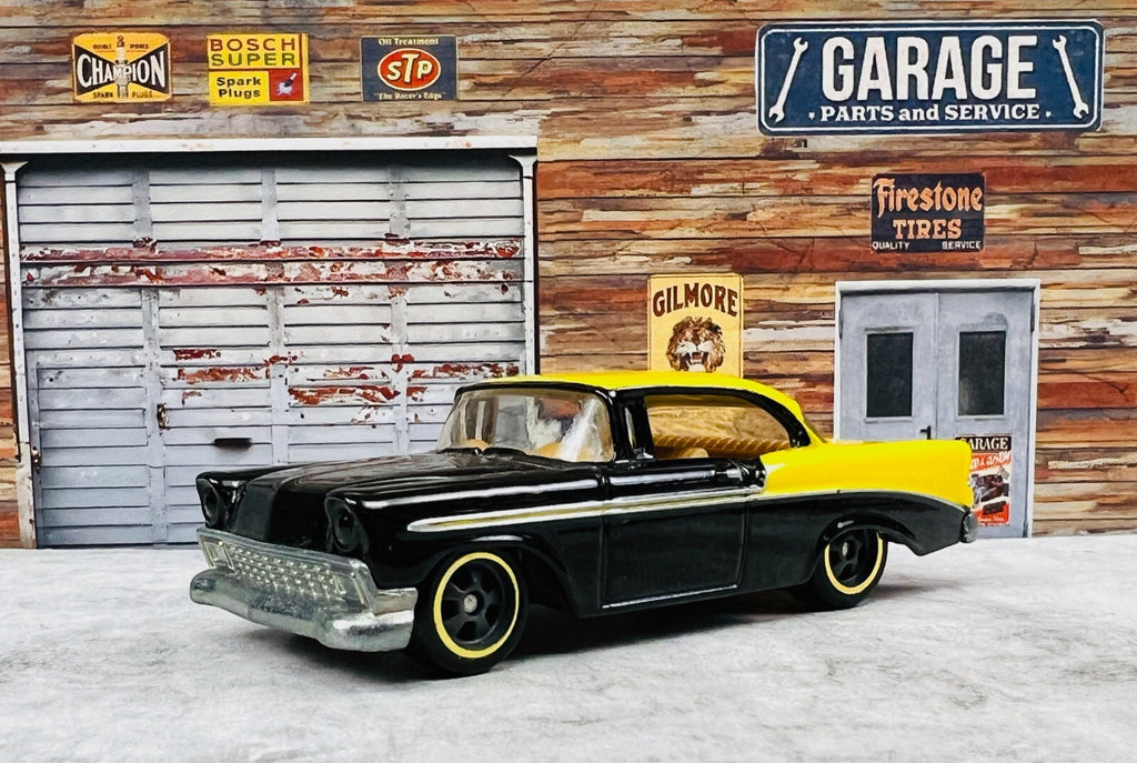 🇺🇸Hot Wheels Larrys Garage '56 Chevy Bel Air Black Yellow Loose C20🇺🇸